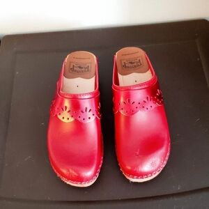 Red Leather Mules with Floral Accents